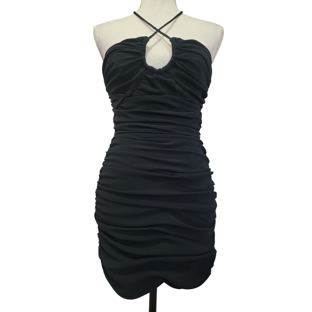 Zara Black Ruched Halter Tie Neck Bodycon Mini Cocktail Party Dress Small
